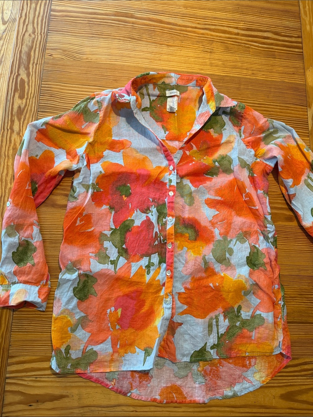 Joie Girls Floral Button-Down Shirt in Orange, Green & Pink